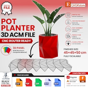 Peut inclure: Un fichier numérique pour un pot de fleurs géométrique rouge en matériau composite aluminium. Le design présente une structure à facettes, une taille finie de 45x45x50 cm, et inclut les formats DXF, PDF, CDR, SVG et SKP pour le fraisage CNC.