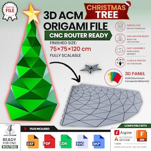 Puede incluir: Un archivo digital para un árbol de Navidad de origami 3D en ACM, listo para fresadora CNC. La imagen muestra un árbol geométrico verde con una estrella amarilla, un panel gris plano con patrones triangulares y texto de 75x75x120 cm.
