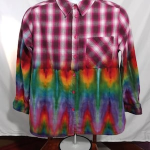 Women&#39;s Tie Dye Shirt, Tie Dyed Flannel Shirt, Ladies Flannel Shirt, Rainbow Tie Dye, Rainbow Flannel, Size L, Tie-Dye, Tiedyed Shirt, A25