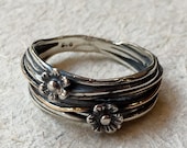 Sterling silver band, wire wrap band, oxidised band, floral band, boho ring, bohemian ring, floral ring, simple band - Two Flowers R2372
