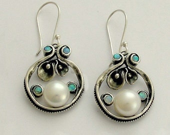 Dangle earrings, Sterling silver pearl earrings, blue opal earrings, bridal earrings, floral earrings, Long dangle earrings - Suddenly E2151