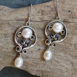 Drop pearl earrings, Bridal Earrings, silver earrings,  botanical earrings, dangle earrings, Chandelier earrings - Make a wish E2151A