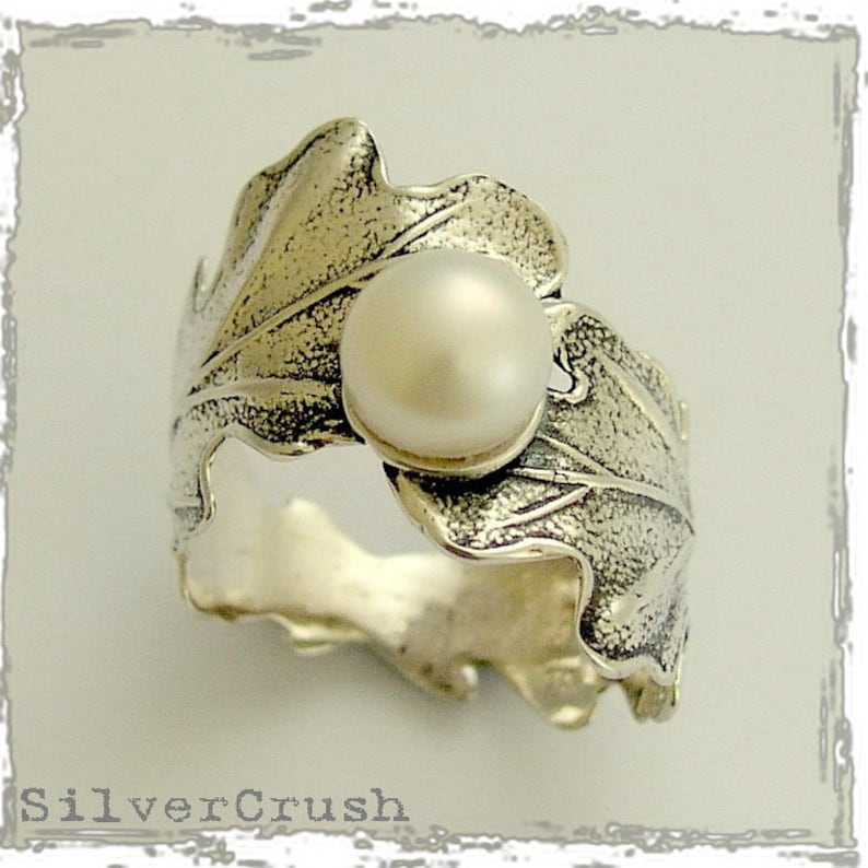 Sterling silver Ring, fresh water pearl ring, engagement ring, woodland ring, leaf ring, June birthstone ring Swirling leaves R1697 image 1