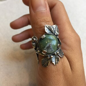 Botanical ring, Green  jasper ring, birthstone ring, cocktail statement ring, silver gold ring, leaves ring - To the end of love R1702-1