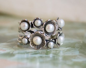 Floral ring, pearls ring, woodland ring, silver ring, stones ring, stacking bands, multi stones ring, boho ring, bohemian - Clueless R1687