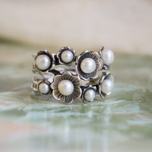 mothers day birthstone ring,  woodland ring, silver ring, stones ring, pearls ring, multi stones ring, boho ring, bohemian - Clueless R1687