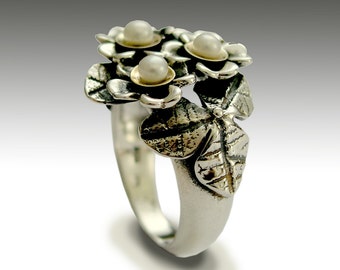 Sterling silver ring, floral ring, woodland ring, pearls ring, two tones ring, Bridesmaids ring,  flowers ring - With you - R1689G