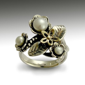 Pearl ring, two-tones ring, Engagement Ring, Sterling silver gold ring, floral ring, botanical ring, woodland ring - Just flowers. R1696A