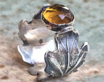 Citrine ring, Nature ring, silver engagement ring, leaf ring, boho ring, vine ring, leaves ring, silver ring, bohemian - Two leaves R2545