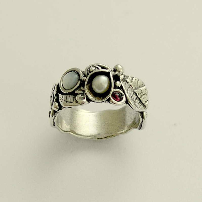 Banda de plata, hoja banda, banda de flores, anillo bosque, perlas y azul banda de ópalo, anillo de piedras preciosas, banda floral, Botánico pista R1700 imagen 5