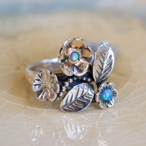 Floral ring, botanical ring, Engagement Ring, Sterling silver and gold ring, woodland ring, Opal ring, two-tone ring - Just flowers R1696-1A