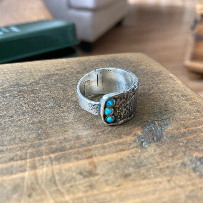 Rustic silver band, sterling silver ring, opals gemstone ring, unisex band, oxidized silver ring, wedding ring, wide band Hug me R1666 image 6