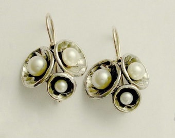 Sterling silver Earrings, dome cluster earrings,  pearls earrings, June birthstone earrings, dangle pearls, simple - Pearl Clusters E2046