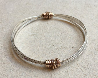 Bangle Bracelet, sterling silver gold filled bracelet, thin bangle, Twotone bracelet , wire wrap bangle, casual boho  - Soft Words B3012