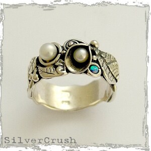 Botanischer Ring, Perlen Ring, Blumen Band, Sterling Silber Ring, Blätter Ring, Wald Ring, Opal Edelstein Ring, zarter Ring - Hint. R1700