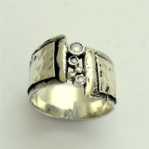 Wide silver band, sterling silver band, zircon gemstones band, unisex ring, oxidized silver ring, multi stone ring - Hugs R1675