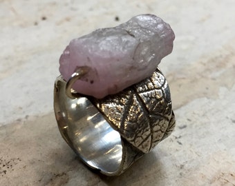 Raw pink quartz ring, OOAK ring, Silver Wedding band, boho ring, nature band, wide silver band, unique engagement ring - Savasana R2397