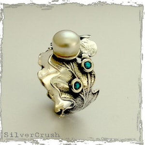 Anillo de perlas, anillo de ramita, anillo de compromiso de plata, anillo de compromiso de hojas, anillo botánico, anillo boho, anillo de naturaleza, anillo de flores - Ritual R1697X