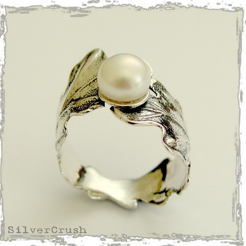 Engagement ring, Sterling silver ring, leaf ring, pearl ring, botanical woodland ring, pearl leaf ring Swirling leaves R1697 image 2