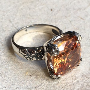 Cushion cut champagne quartz, engagement ring, Statement ring, large stone ring, alternative ring, rustic orange ring Hello spring R2272-4 image 1