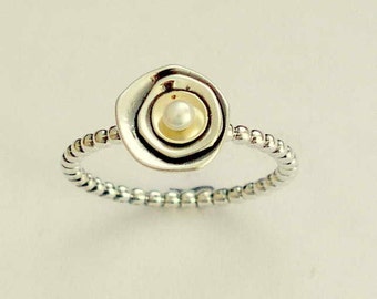 Little pearl ring, Silver Skinny ring, gold bowl ring, two tone thin ring, delicate band. engagement ring, little ring - White night R1683