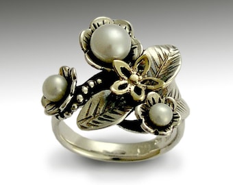 Floral ring, botanical ring, woodland ring, Engagement Ring, Sterling silver and gold ring, pearl ring, two-tone ring - Just flowers. R1696A