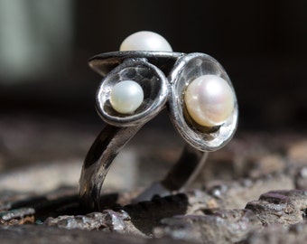 Sterling Silver Ring, silver pearls ring, cluster domes ring, unique pearls ring, hammered silver ring, Organic ring - Pearl Cluster R1558