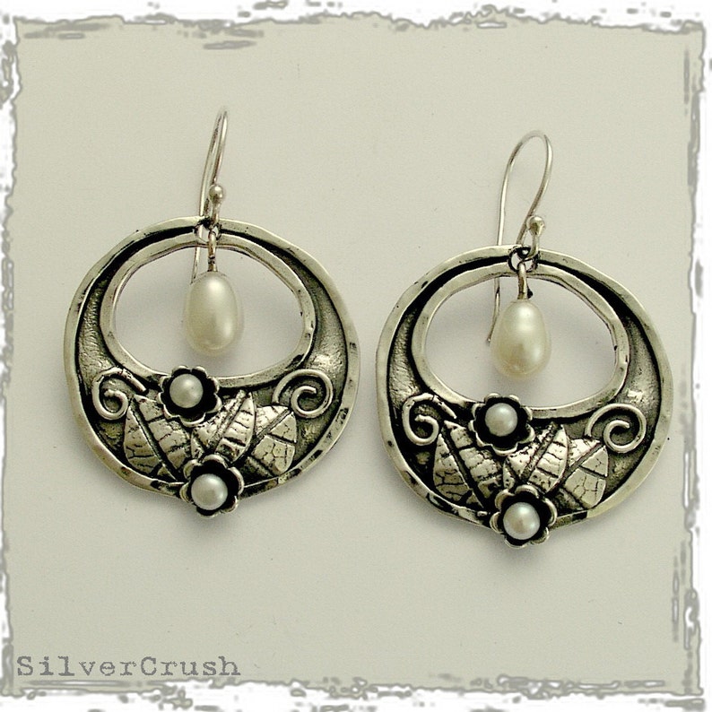Botanical Earrings, sterling silver earrings, pearl earrings, gold silver earrings, floral earrings, botanical Hanging gardens E2155G image 2