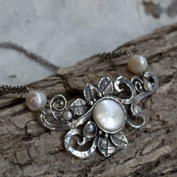 Coin Pearl Necklace, Leaves Pendant, Sterling Silver Pendant