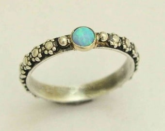 Opal ring, Silver gold ring, two tone ring, engagement ring, flowers ring, thin ring, skinny stacker ring, bohemian ring - Your desire R1286