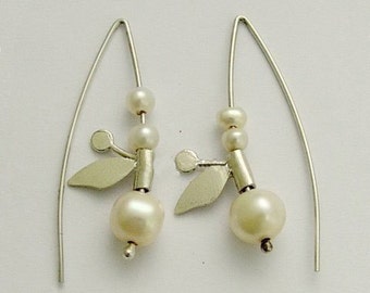 Pearl earrings, Silver leaf earrings, sterling silver earrings, hook earrings, casual earrings, leaf earrings, botanical - Cherry Buds E2108