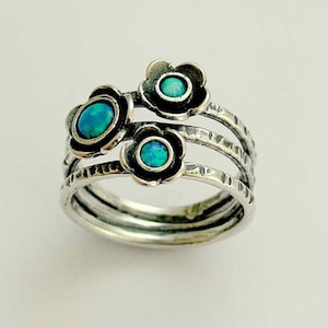 Botanical ring, sterling silver ring, gemstones ring, blue opals ring, stacking rings set, statement ring, mothers ring - Guess R1686-1