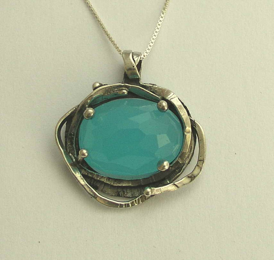 Chunky Silver Pendant, Oval Blue Quartz Pendant, Organic Necklace