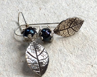 Silver leaf earrings, lapis earrings, woodland earrings, botanical long earrings, blue stones earring - fall abstraction E8038