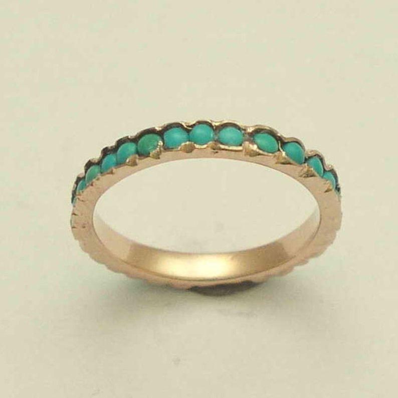Eternity ring, Solid Rose gold band, thin band, turquoise stones band, wedding band, gemstones ring, turquoises ring, rose gold ring RG0911 image 1