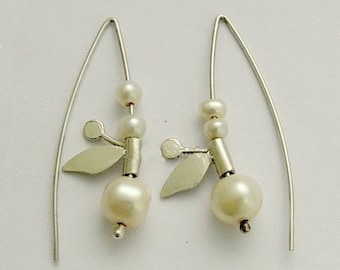 Pearl earrings, Sterling Silver earrings, hook earrings, silver leaf earrings, casual earrings, leaf earrings, botanical - Cherry Buds E2108