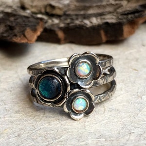 Geburtsstein Ring, Stapelring, Edelstein Ring, Sterling Silber Ring, Muschel Feuer Opal Ring, Familie Mutter Ring - Guess R1686-7