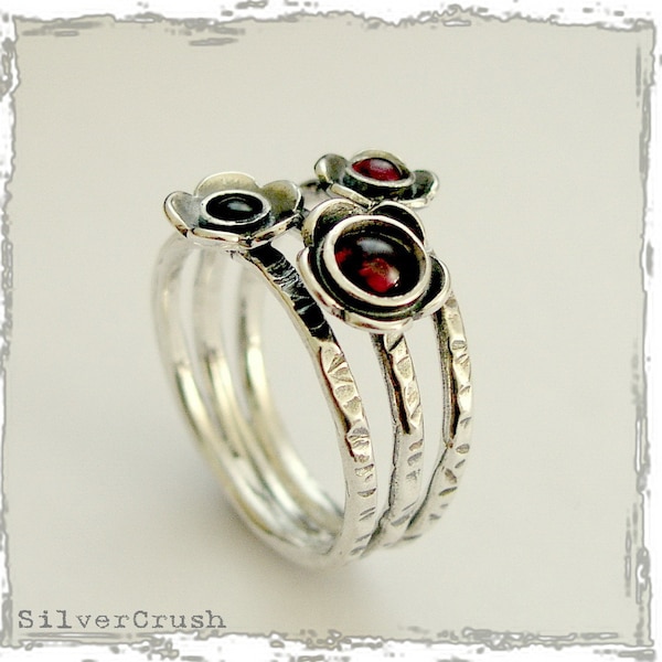 Birthstones ring, Sterling silver ring, multi stones ring, gemstones ring, garnets peridot ring, mothers ring, floral ring - Guess R1686-3