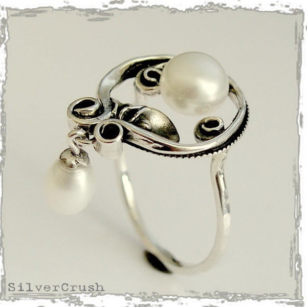 Silver Ring, pearl ring, floral ring, pearls ring, botanical ring, flower ring, statement  - Make a wish R1707