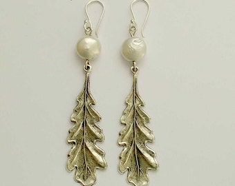 Silver leaves, pearl earrings, long silver earrings, leaf dangle earrings, botanical earrings, drop earrings - Swirling leaves 2  E2145