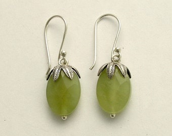 Green jade earrings, Dangle earrings. botanical earrings, woodland earrings, green stone earrings, stone earrings, silver leaf top. E2068-2