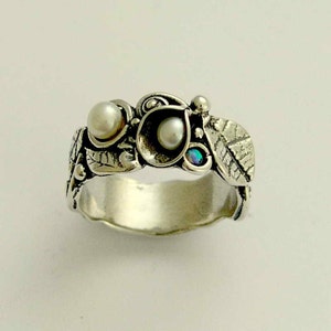 Banda de plata, hoja banda, banda de flores, anillo bosque, perlas y azul banda de ópalo, anillo de piedras preciosas, banda floral, Botánico pista R1700 imagen 1