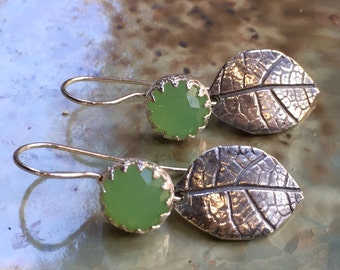 Jade earrings, Sterling silver earrings, botanical earrings, leaf earrings, woodland earrings, green stones earring - End of summer E8053