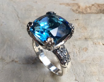 Blue quartz ring, Statement ring, Floral Ring, Silver Ring, alternative engagement ring, large Cushion cut stone ring - Hello spring R2272-5