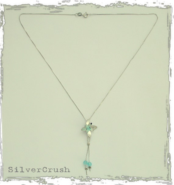Blue Quartz Necklace, Silver Chain, Long Silver Pendant, Flower