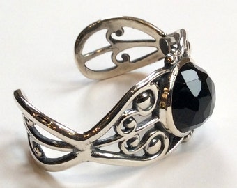Black onyx bracelet, Ornate bracelet, Cuff Bracelet, sterling silver bracelet, Wide casual cuff, bohemian cuff - Every Little Thing B3008
