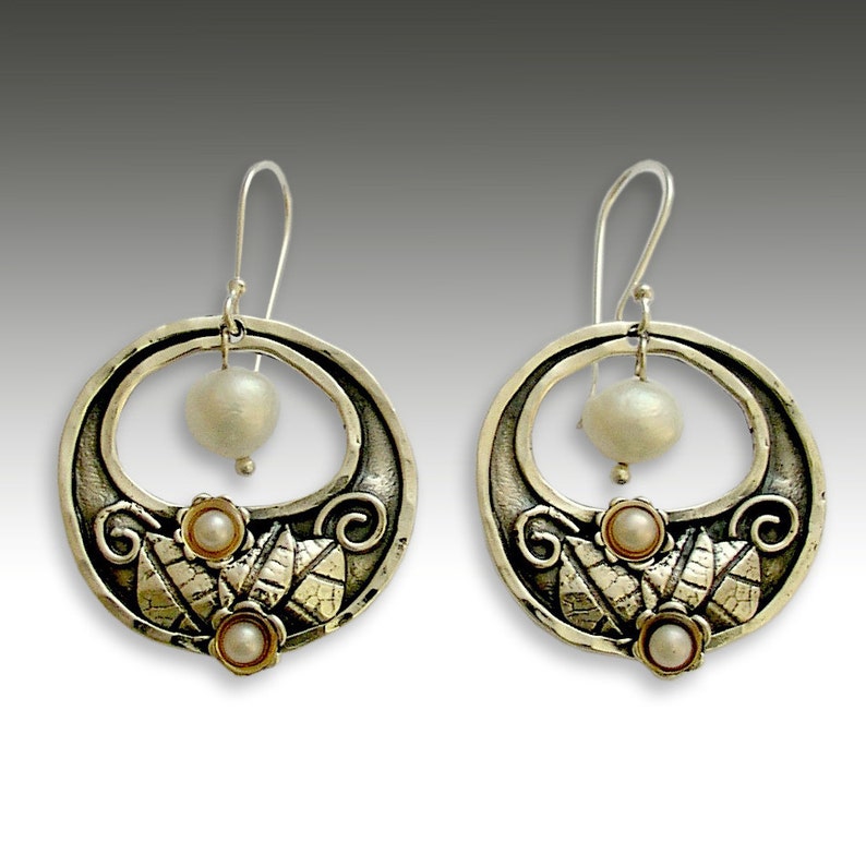 Botanical Earrings, sterling silver earrings, pearl earrings, gold silver earrings, floral earrings, botanical Hanging gardens E2155G image 1