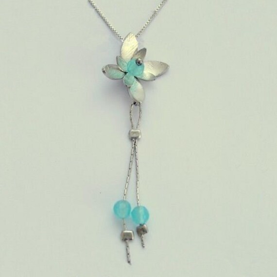 Blue Quartz Necklace, Silver Chain, Long Silver Pendant, Flower