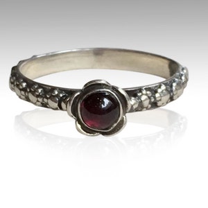 Garnet ring, Thin Ring, floral ring, sterling silver ring, floral band, red stone ring, engagement ring - Signs of time R1694-1
