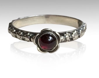 Garnet ring, Thin Ring, floral ring, sterling silver ring, floral band, red stone ring, engagement ring - Signs of time R1694-1